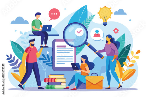 A group of individuals is actively searching for information and writing ideas in a creative setting People searching and writing, illustrated in a flat style.