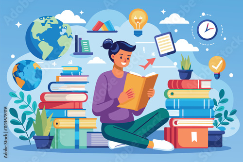 A person reads a book on the floor, surrounded by piles of books and images representing knowledge People seek knowledge in books and online.