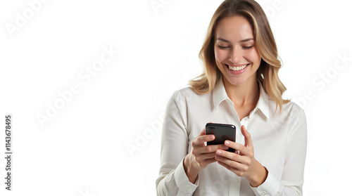 Happy woman using cell phone