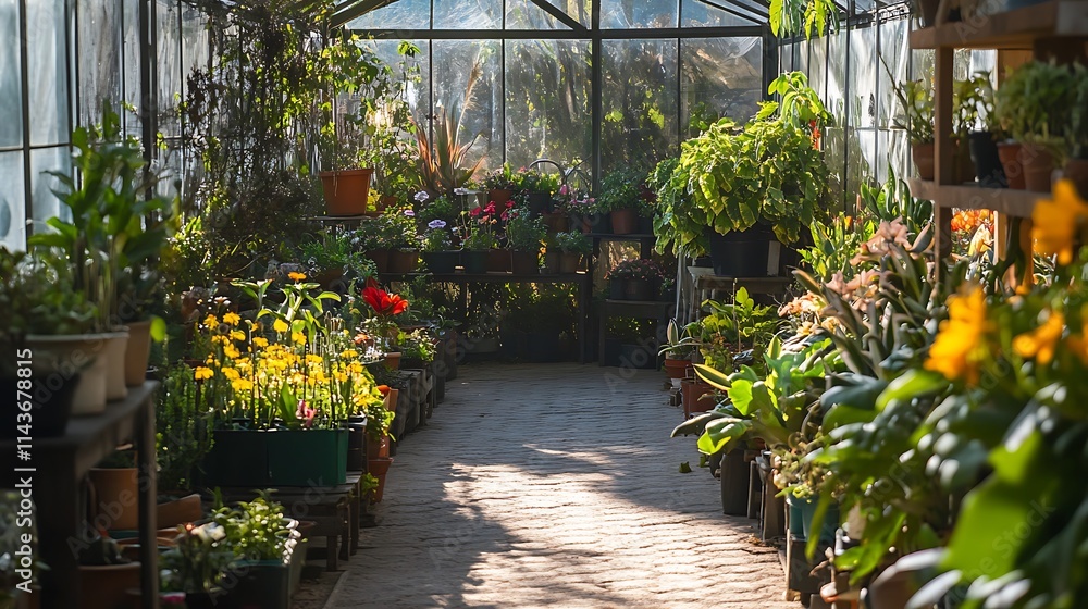Obraz premium Greenhouse filled with colorful flowers and plants. Concept of nature, gardening, and tranquility.
