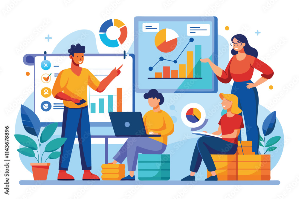 A group of students collaborates on business graphs and data analysis while studying together People studying business graphs on charts. A group of students collaborates on business graphs and data analysis while studying together People studying business graphs on charts.