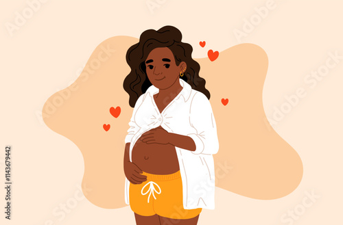 Pregnancy. Pregnant african black skin woman touching her belly with birthmark streches. Motherhood. Happy Mother's Day. Pretty women with tummy. Hand drawn flat cartoon vector illustration