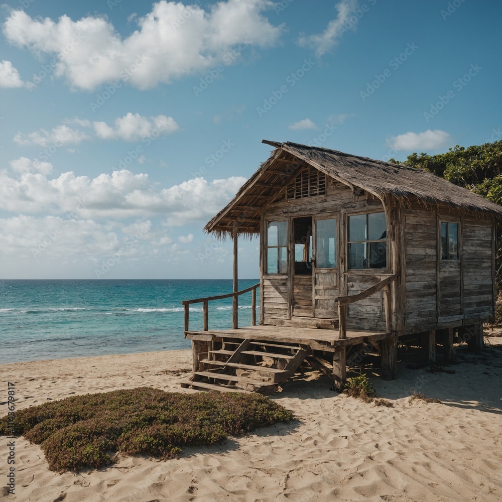 Fototapeta premium A beach shack with a clear ocean backdrop.