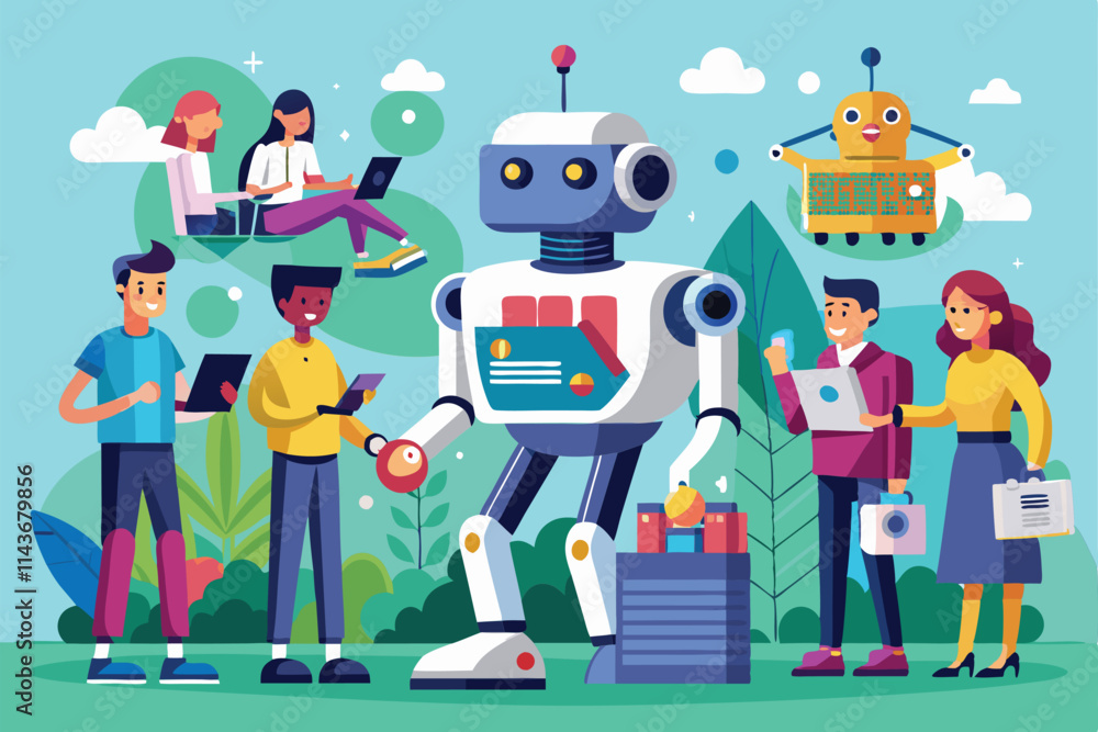 A diverse group interacts with customizable robots in a vibrant, green environment People using customizable semi-flat illustrated robots. A diverse group interacts with customizable robots in a vibrant, green environment People using customizable semi-flat illustrated robots.