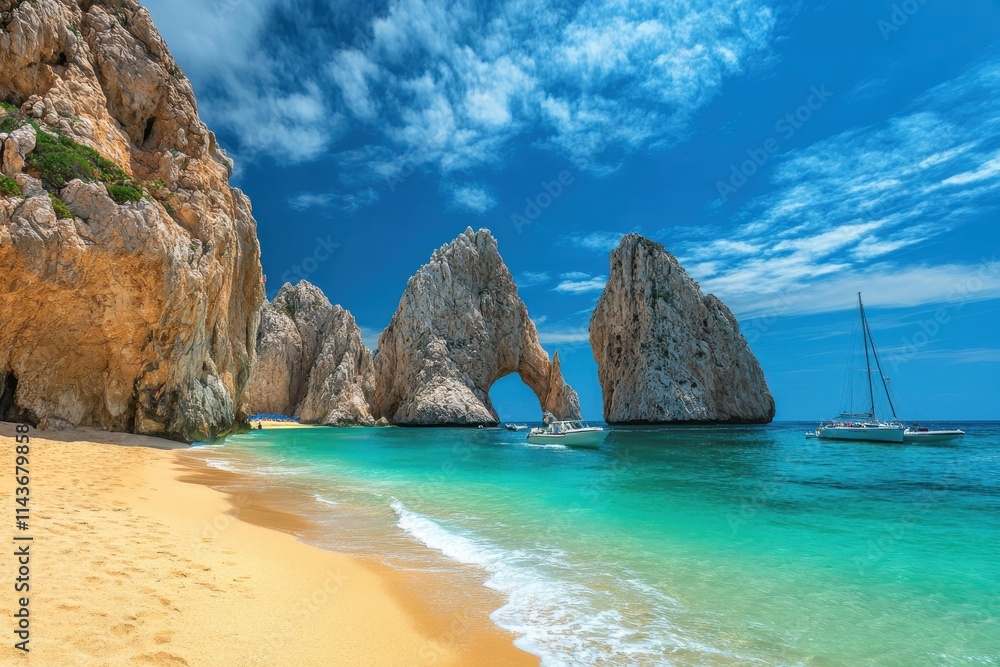 Fototapeta premium A coastal sanctuary where nature takes center stage. The golden sands of a quiet beach stretch out toward turquoise waters