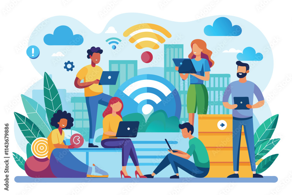 A diverse group of individuals uses various devices to connect and interact with social media while outdoors People using technology and wifi to surf social media, illustrated flat. A diverse group of individuals uses various devices to connect and interact with social media while outdoors People using technology and wifi to surf social media, illustrated flat.