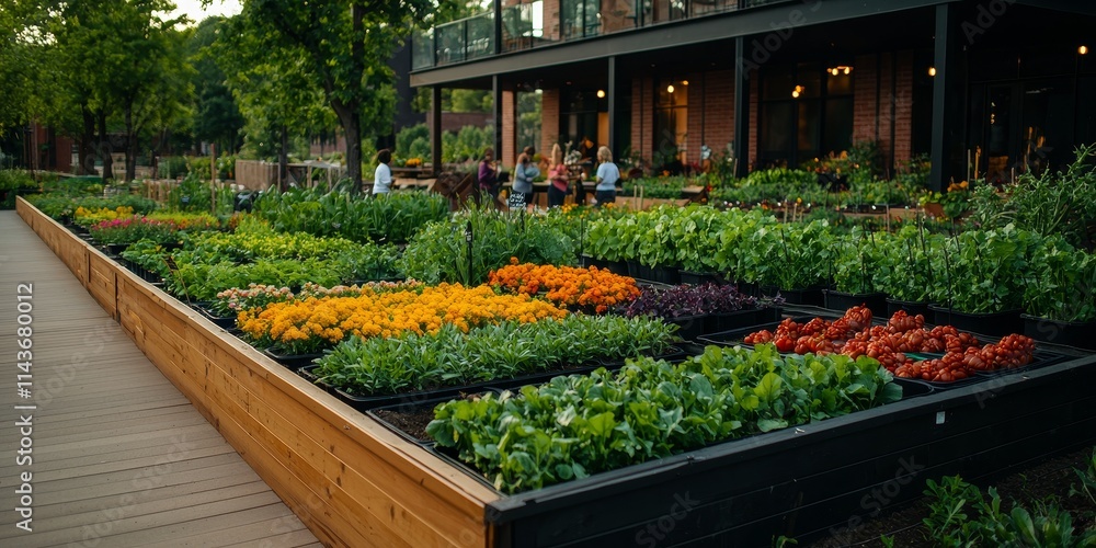 Fototapeta premium Urban Oasis: People Tending Plants in a Vibrant Garden 