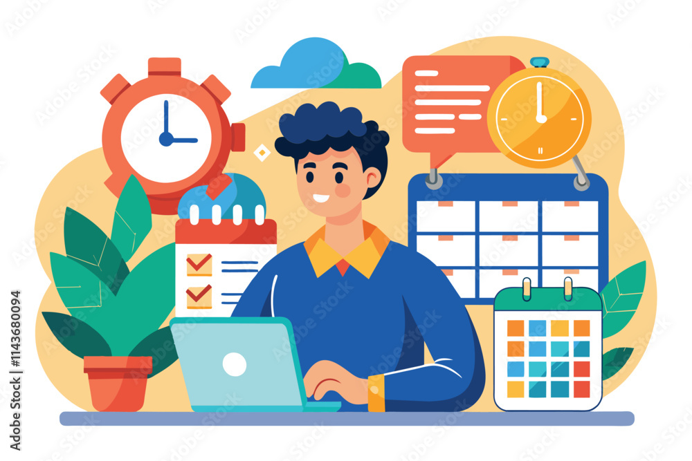 A young individual focuses on their laptop, planning a schedule with timers and reminders visible nearby People who manage their time create schedules. A young individual focuses on their laptop, planning a schedule with timers and reminders visible nearby People who manage their time create schedules.