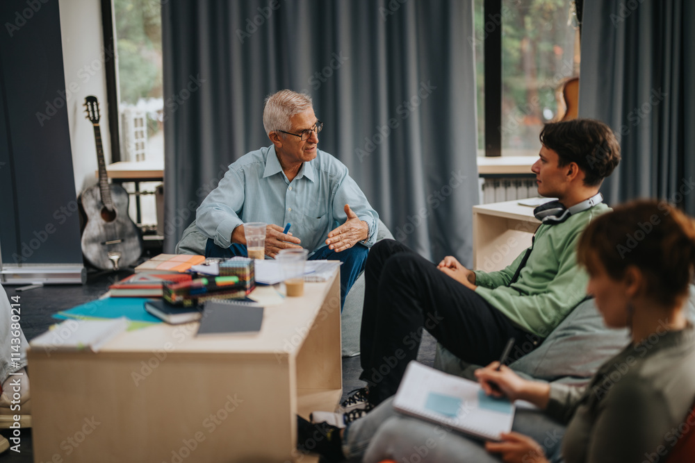 An experienced professor interacts with students in a cozy, informal setting, fostering discussion and collaborative learning. The scene highlights educational engagement and mentorship. An experienced professor interacts with students in a cozy, informal setting, fostering discussion and collaborative learning. The scene highlights educational engagement and mentorship.