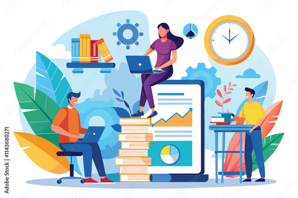 A group of individuals work on documents and projects in a vibrant office filled with books and plants People working on document deadlines, flat illustration. A group of individuals work on documents and projects in a vibrant office filled with books and plants People working on document deadlines, flat illustration.
