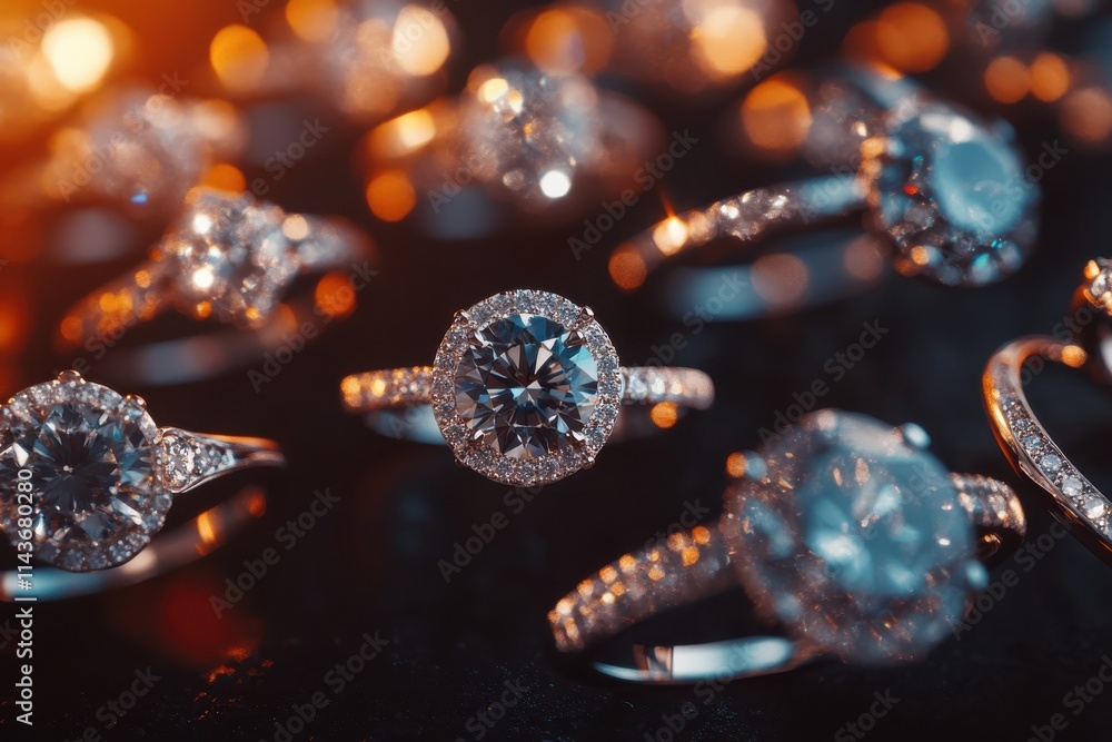 A collection of diamond rings with varying designs and settings, arranged on a sleek black surface A collection of diamond rings with varying designs and settings, arranged on a sleek black surface
