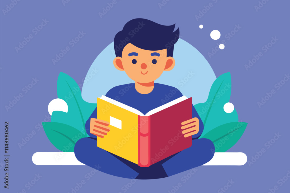 A person is seated comfortably with a bright book, immersing themselves in a story amidst leafy surroundings Person reading a book, simple illustration A person is seated comfortably with a bright book, immersing themselves in a story amidst leafy surroundings Person reading a book, simple illustration