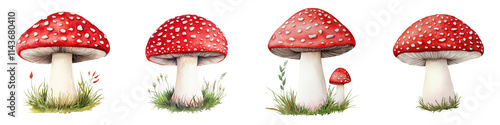 Vibrant Red and White Spotted Mushrooms in Lush Grassland