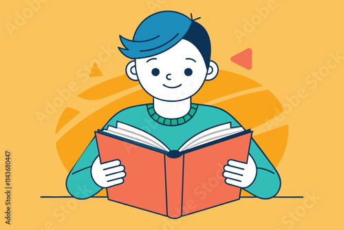 A young individual reads a book intently, immersed in the story while relaxing indoors Person reading a book, simple drawing