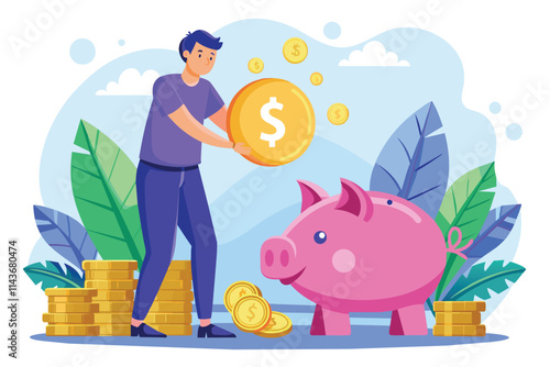 A person is putting coins into a piggy bank while surrounded by lush greenery and a bright blue sky Person saving money by putting coins in a piggy bank, shown in a flat illustration.