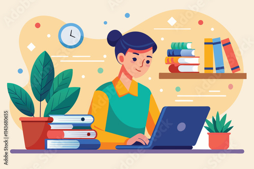 A focused student is studying online at a tidy desk with books, plants, and a clock in the background Person studying online, flat illustration