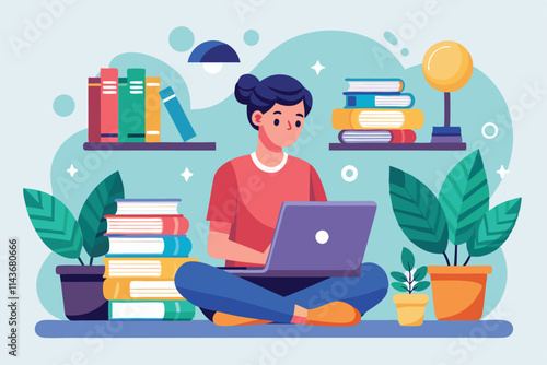 A person sits cross-legged on the floor, focused on their laptop while surrounded by books and plants Person studying online, flat illustration