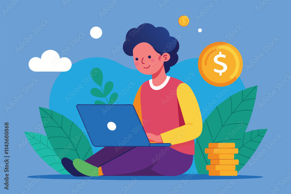 A person is engaged with a laptop, surrounded by greenery and dollar sign illustrations, indicating finance Person using laptop with dollar sign illustration. A person is engaged with a laptop, surrounded by greenery and dollar sign illustrations, indicating finance Person using laptop with dollar sign illustration.