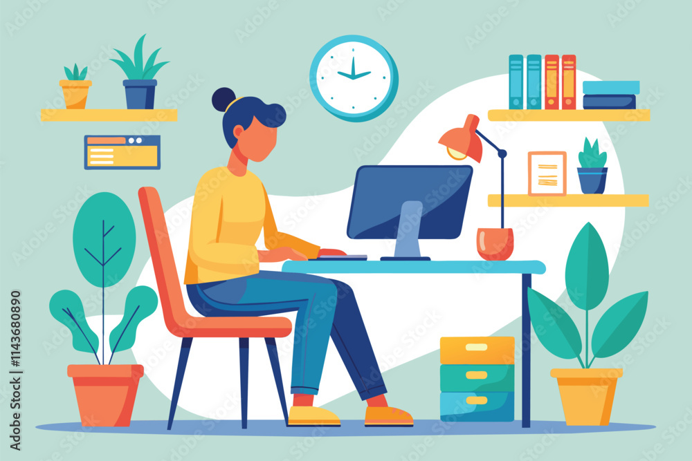 A focused individual is typing at a desk with a computer, surrounded by plants and books Person working on a project at a desk with a computer, simple illustration. A focused individual is typing at a desk with a computer, surrounded by plants and books Person working on a project at a desk with a computer, simple illustration.