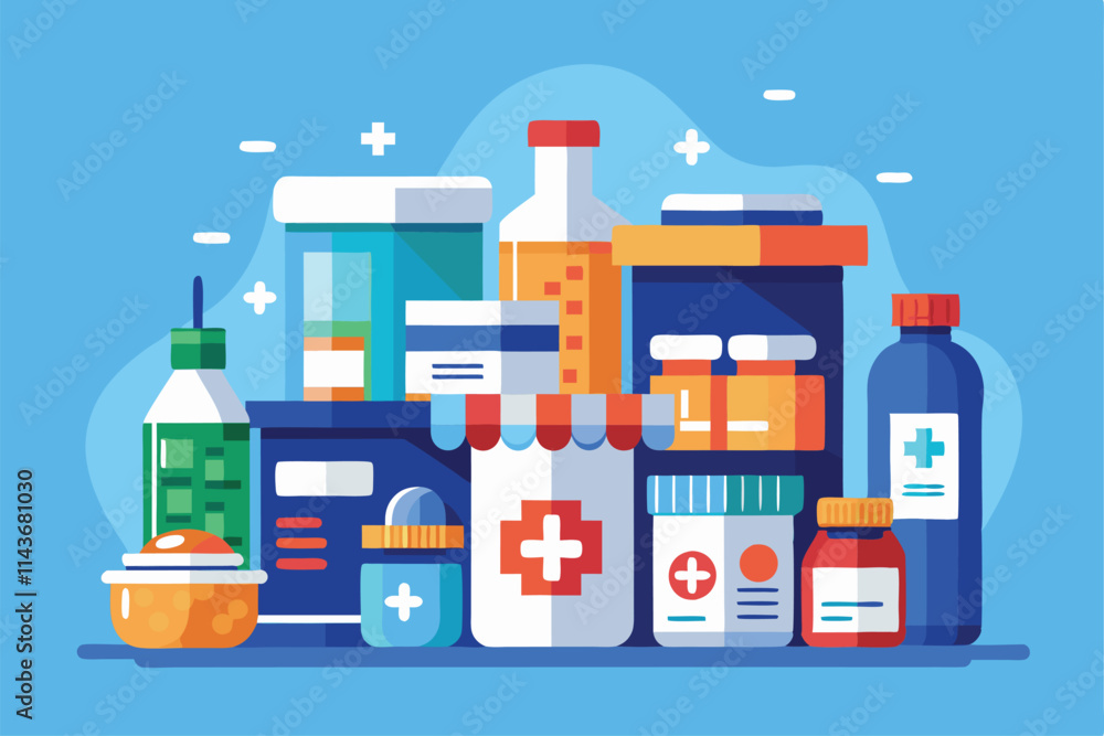 A colorful array of medication packaging showcases pharmaceutical products for sale Pharmacy sells drugs in bottles and boxes for treating diseases, illustrated flat. A colorful array of medication packaging showcases pharmaceutical products for sale Pharmacy sells drugs in bottles and boxes for treating diseases, illustrated flat.