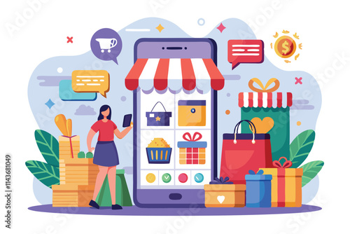 A person interacts with a shopping app on their phone, exploring various products and offers Online shopping app with a flat illustration for smartphones.