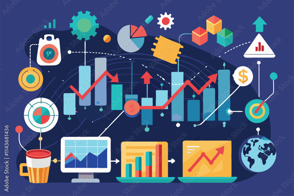 Fototapeta premium This visual representation shows various market trends and data analysis tools for trading strategies Plan when to trade based on market trends and whether the market is moving up or down.