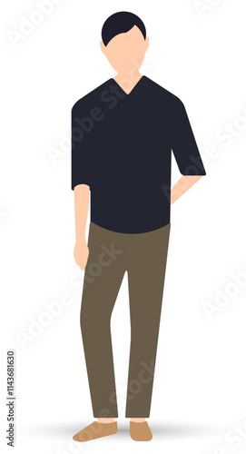 A young man with a parted hairdo wearing trousers and a black shirt. Flat vector character isolated on white background.