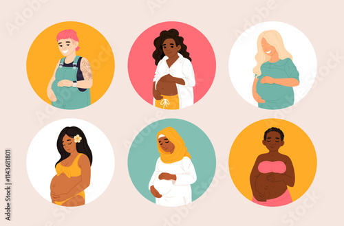 A beautiful illustration of diverse pregnant individuals showcasing inclusivity, motherhood, and strength in different cultures and identities