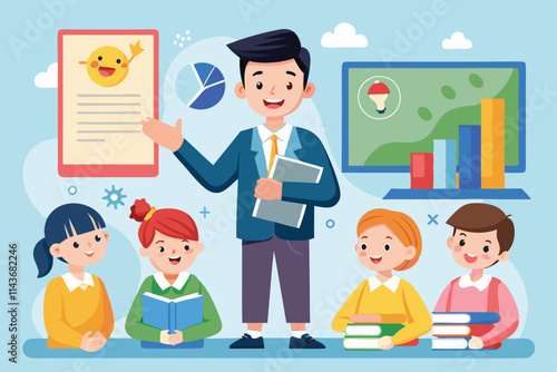 A student enthusiastically presents educational content while peers listen attentively in a vibrant classroom Popular student presentation with simple illustrations.