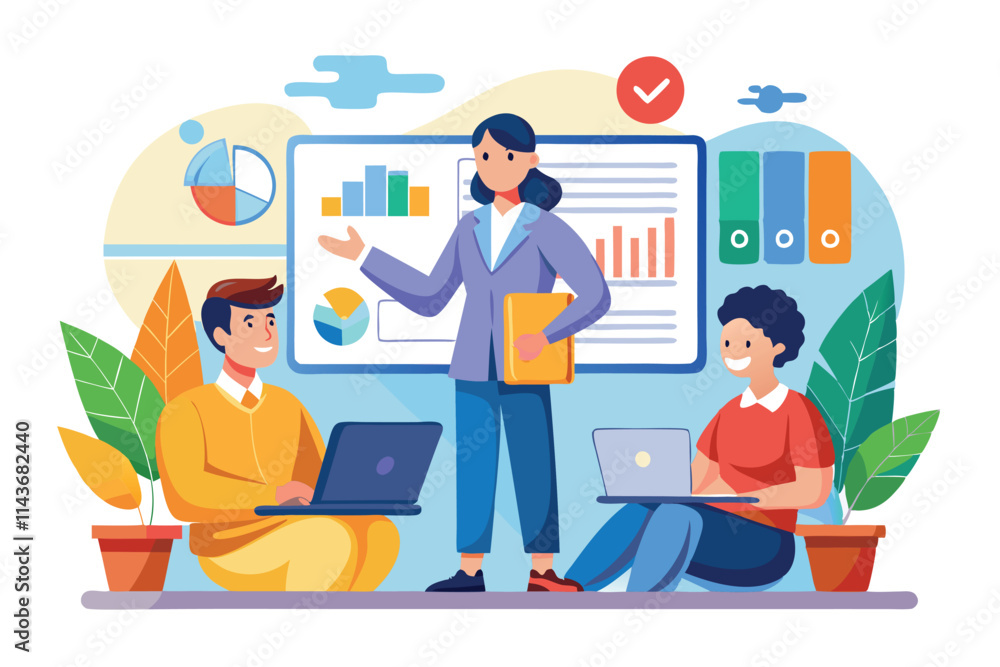A group is actively engaged in a webinar, discussing charts and presentations while collaborating Popular webinar presentation with a simple illustration. A group is actively engaged in a webinar, discussing charts and presentations while collaborating Popular webinar presentation with a simple illustration.