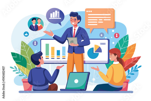 A presenter explains key concepts during a webinar, while the audience listens and interacts thoughtfully Popular webinar presentation with a simple illustration.