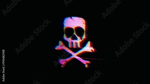 Skull and crossbones animation with abstract glitch effect. 4K quality footage