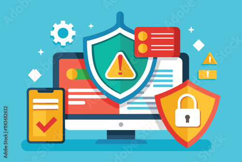 An insecure privacy alert with shields, a computer display, and mobile device icons Privacy alert is insecure, flat illustration