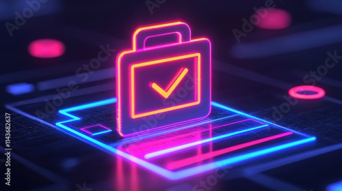 Neon Style Briefcase Icon with Checkmark in Futuristic Design
