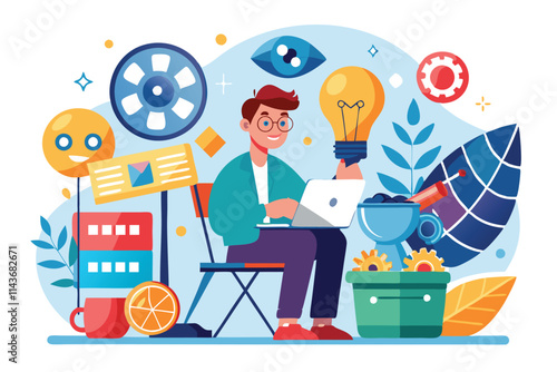 A producer brainstorms film ideas on a laptop surrounded by colorful creative elements and tools Producer creates a film or TV show concept with a simple illustration.