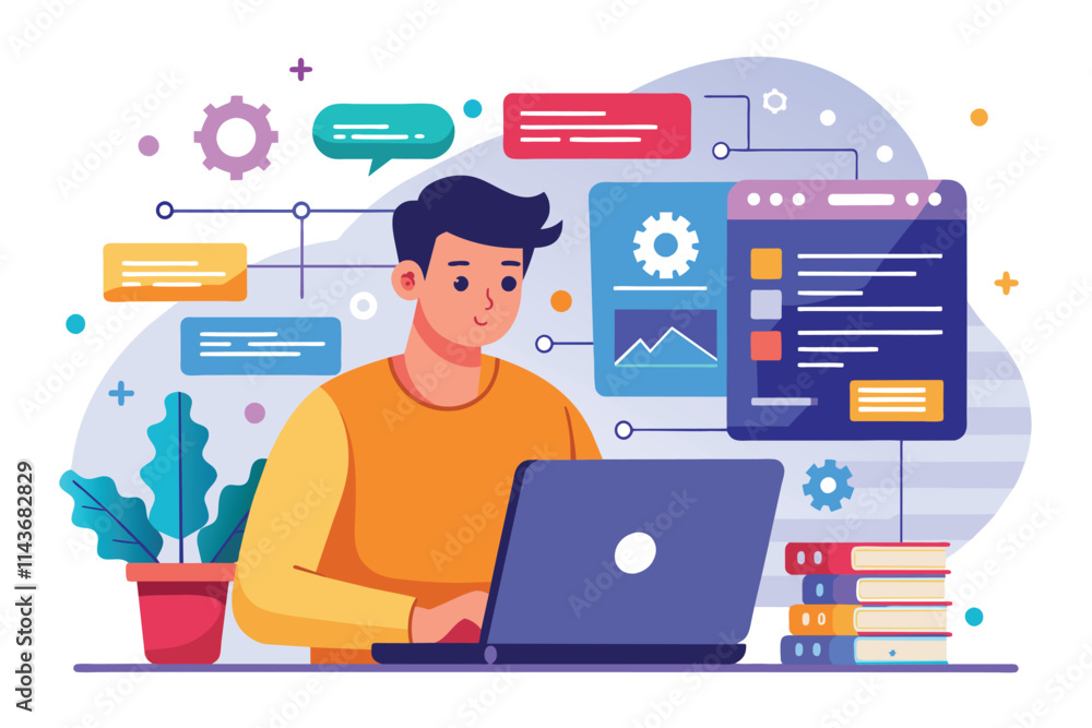 A programmer is focused on coding and analyzing data on a laptop surrounded by plants and books Programmer using laptop for coding and analyzing big data in software development. Flat illustration. A programmer is focused on coding and analyzing data on a laptop surrounded by plants and books Programmer using laptop for coding and analyzing big data in software development. Flat illustration.