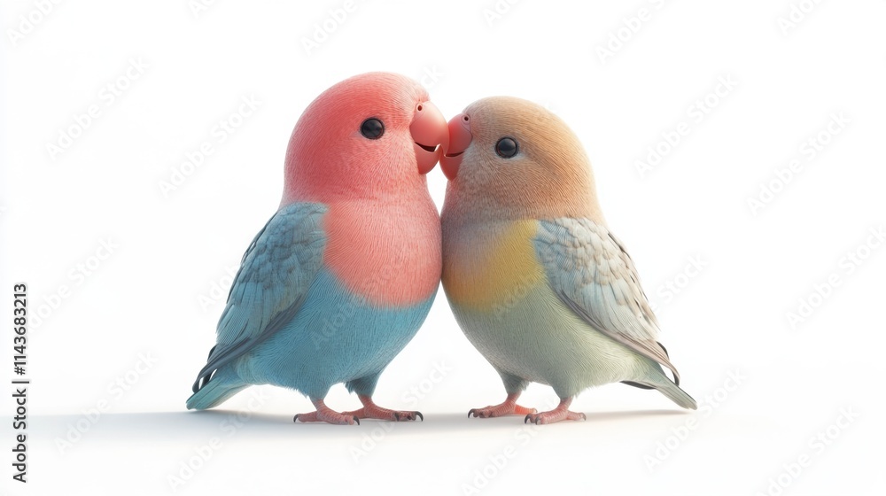 Two Lovebirds Kissing, Adorable 3D Render, White Background Two Lovebirds Kissing, Adorable 3D Render, White Background