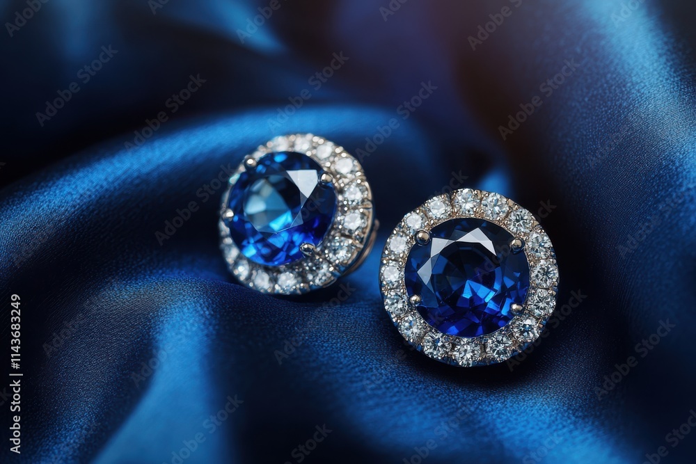 Fototapeta premium A pair of luxurious blue sapphire earrings encrusted with diamonds, placed on a deep navy-blue silk fabric