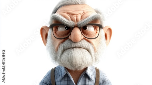 Grumpy Old Man 3D Render, Angry Expression, White Background, Close-Up