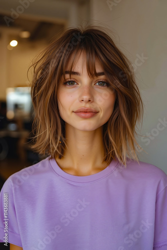 A woman with a purple shirt is posing for a picture