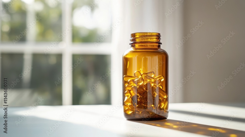 Transparent Amber Bottle with Capsules in Natural Light Transparent Amber Bottle with Capsules in Natural Light