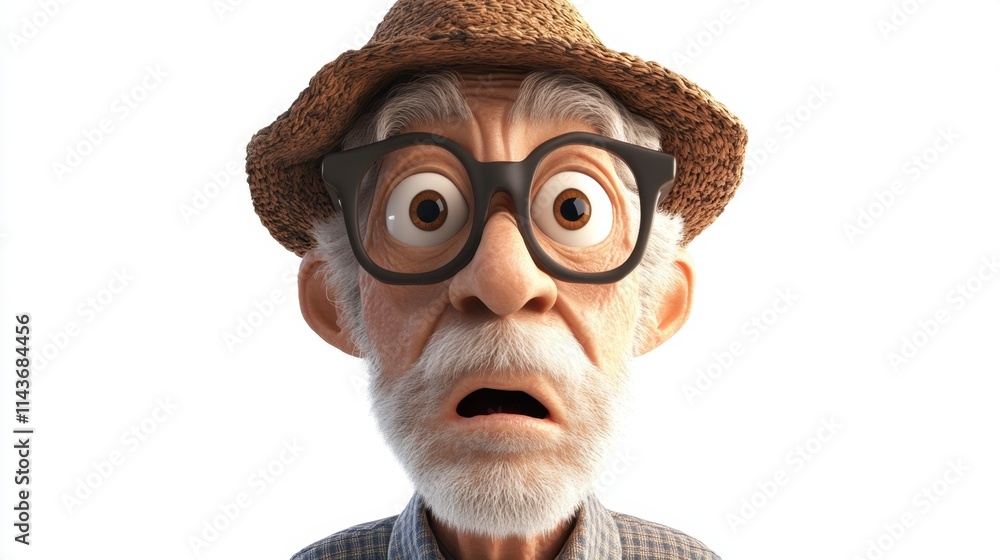 Surprised Elderly Man in Straw Hat - 3D Cartoon Character Surprised Elderly Man in Straw Hat - 3D Cartoon Character