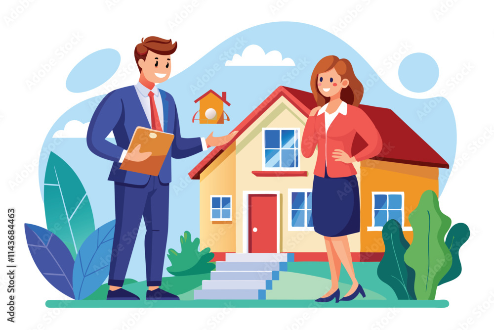 Realtors engage with potential buyers in front of a charming home, showcasing excitement for the sale Realtors sell homes to buyers, flat drawing Realtors engage with potential buyers in front of a charming home, showcasing excitement for the sale Realtors sell homes to buyers, flat drawing