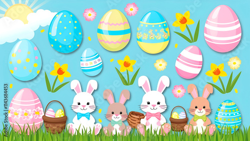 Easter composition on a delicate pastel background: painted eggs, Easter bunnies, spring flowers.