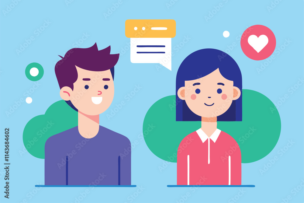 Two friendly characters engage in a conversation, showcasing a customizable referral program theme Refer a friend illustration that can be customized. Two friendly characters engage in a conversation, showcasing a customizable referral program theme Refer a friend illustration that can be customized.