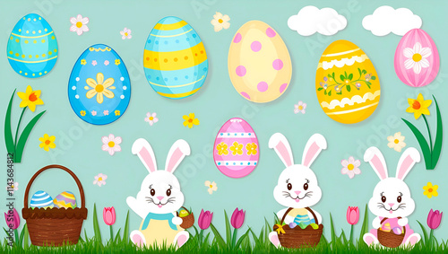 Easter composition on a delicate pastel background: painted eggs, Easter bunnies, spring flowers.