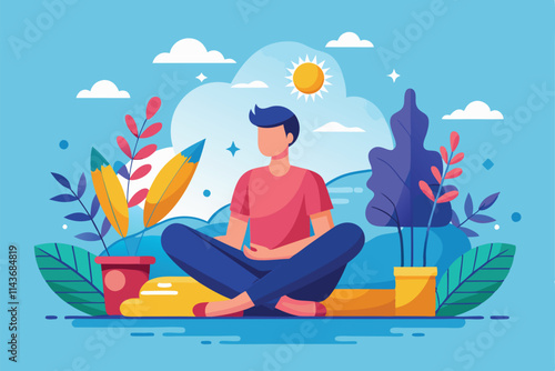 A person sits cross-legged, calmly meditating outdoors surrounded by vibrant plants under a clear blue sky Relaxation is a popular trend in flat illustrations.