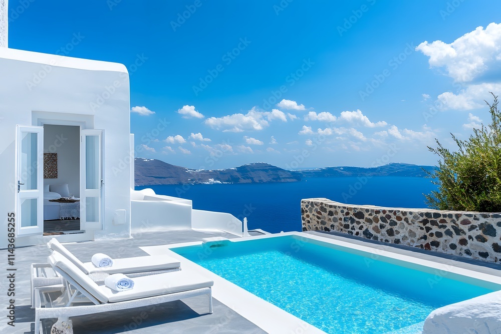 Fototapeta premium Luxurious Santorini Villa with Infinity Pool and Aegean Sea View