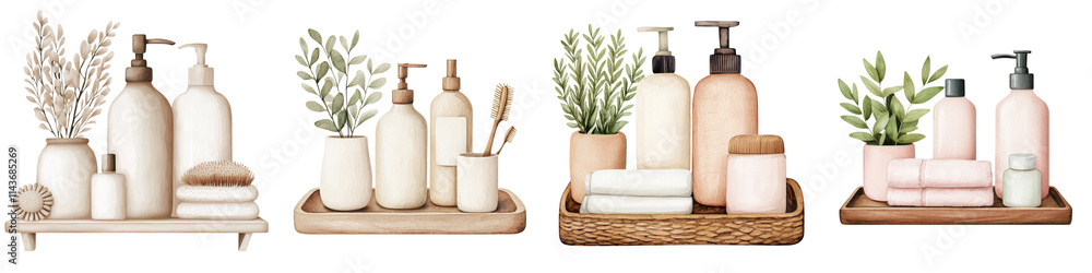 Elegant Bathroom Vanity Arrangement with Organic Greenery and Neutral Cosmetic Products Elegant Bathroom Vanity Arrangement with Organic Greenery and Neutral Cosmetic Products