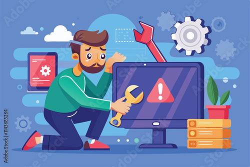 A technician is fixing a computer error showing 'page not found' on the screen in a modern workspace Repairman fixes computer error "page not found" with a flat illustration.